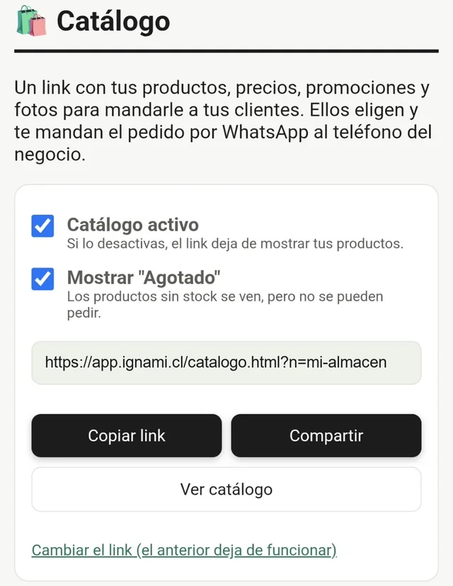 Configuración del catálogo online en Ignami, con el link para compartir y los botones para copiarlo o verlo